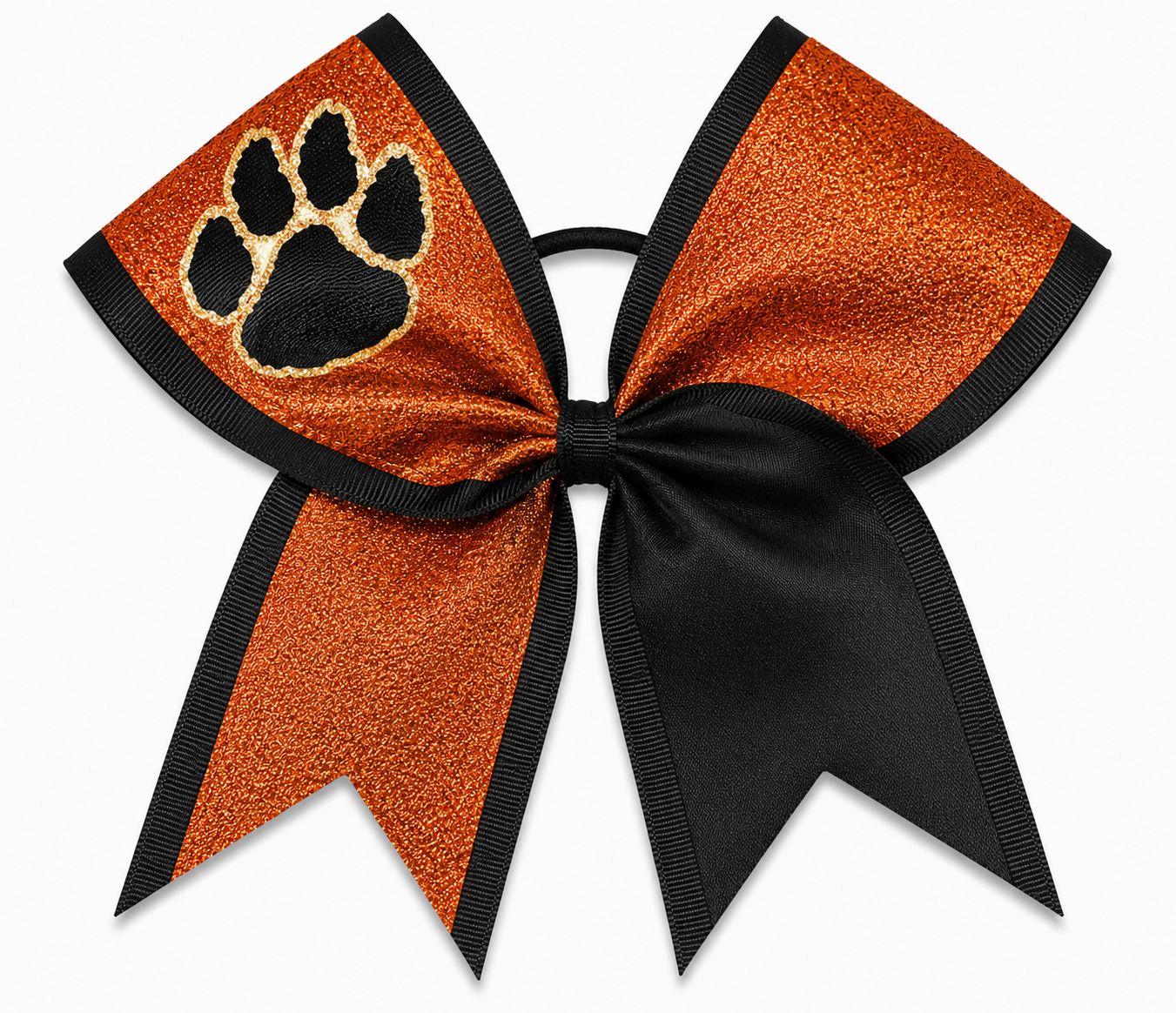 Orange and black cheer bow with a paw print design on a white background