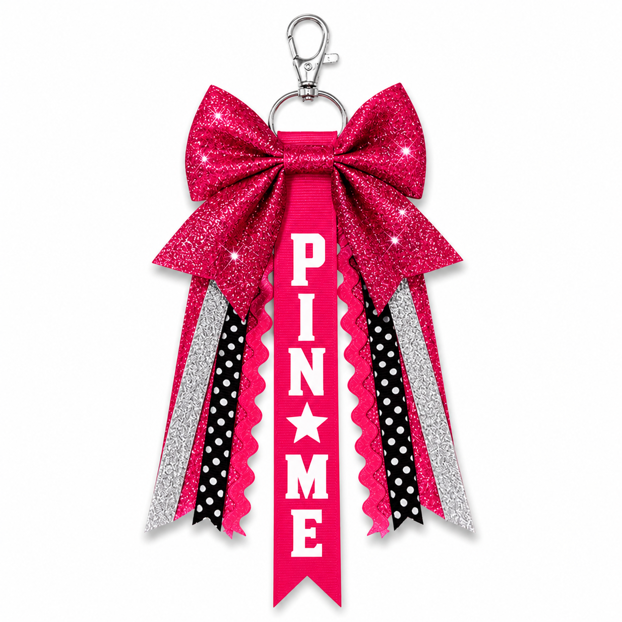 Pin Me Ribbon Glitter Cheerleader Bow Keychain