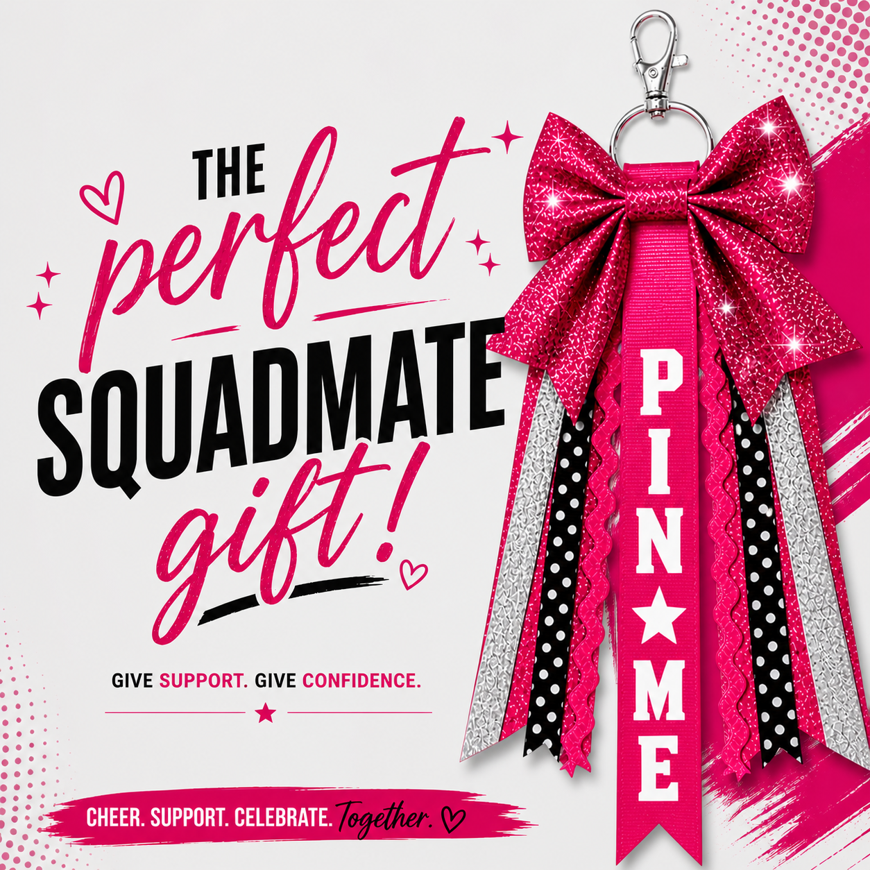 Pin Me Ribbon Glitter Cheerleader Bow Keychain