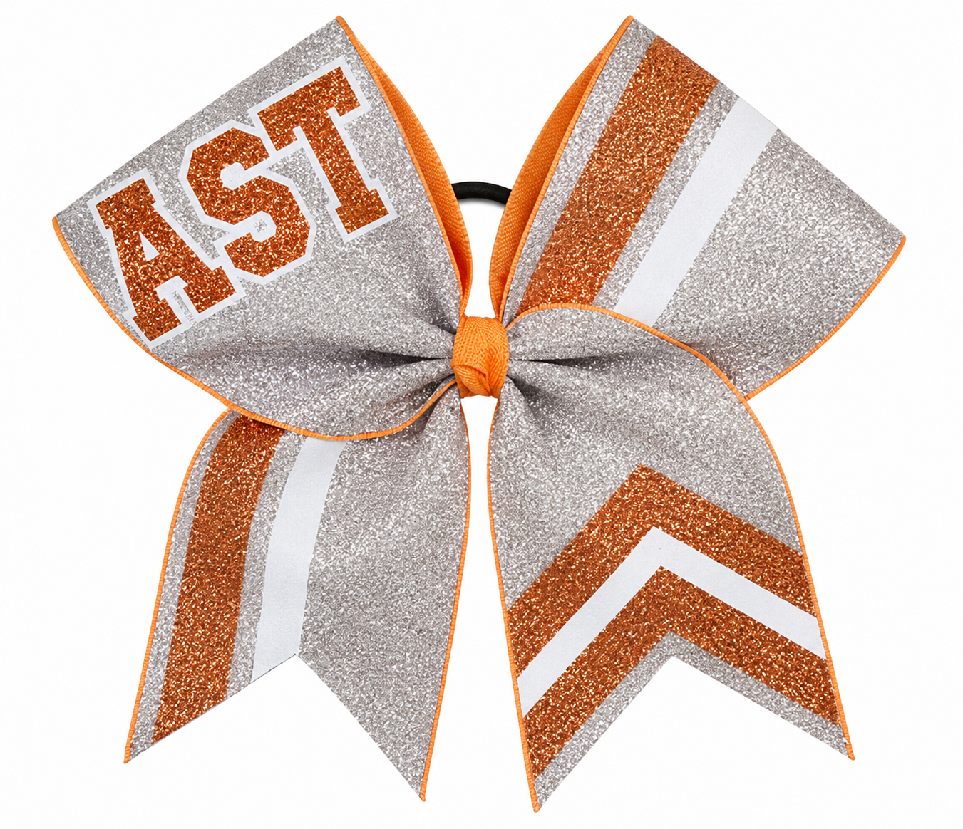Glittery cheer bow with orange and silver stripes and the letters 'AST'.